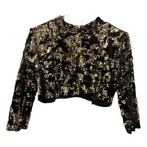 ZARA BASIC Black & Gold Sequin Cropped Top | Long-Sleeve Party  | Size L